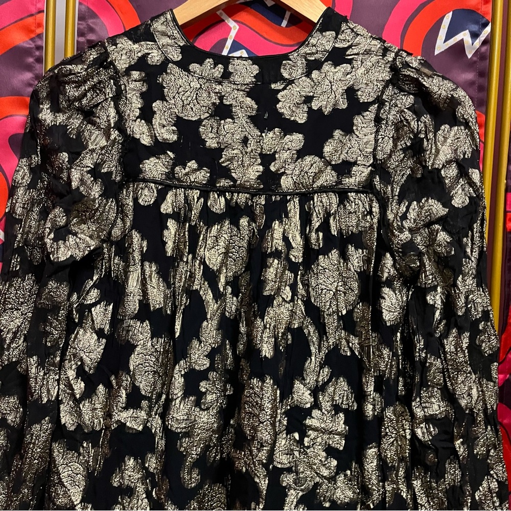 NWT by Anthropologie Metallic Gold Black Foil Mini Tunic Long Sleeve Dress Mesh - Picture 10 of 12